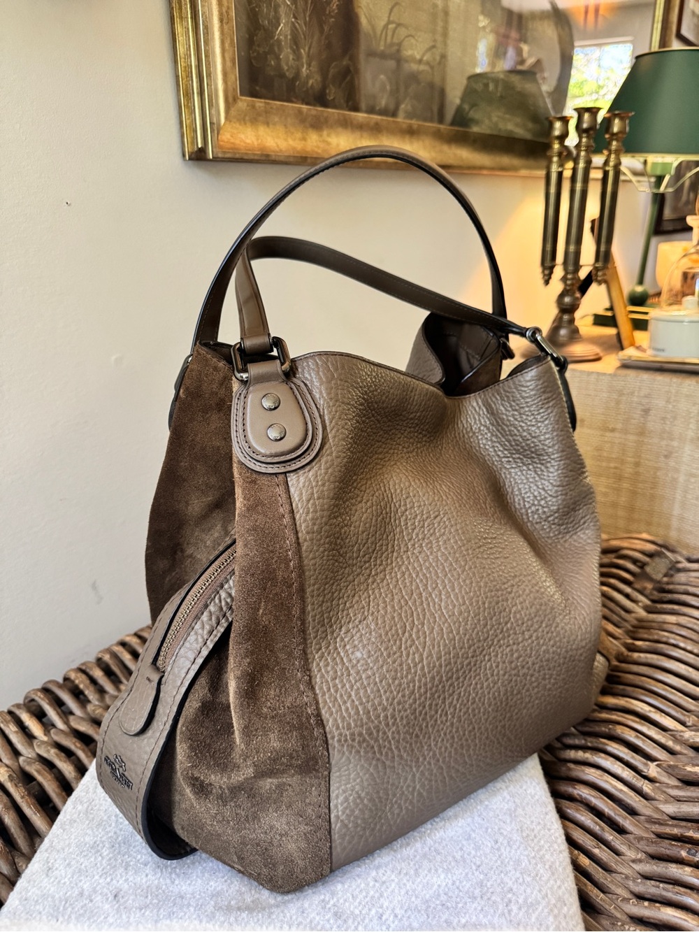 Coach Pebbled Leather and Suede Shoulder Bag - chocolate Brown